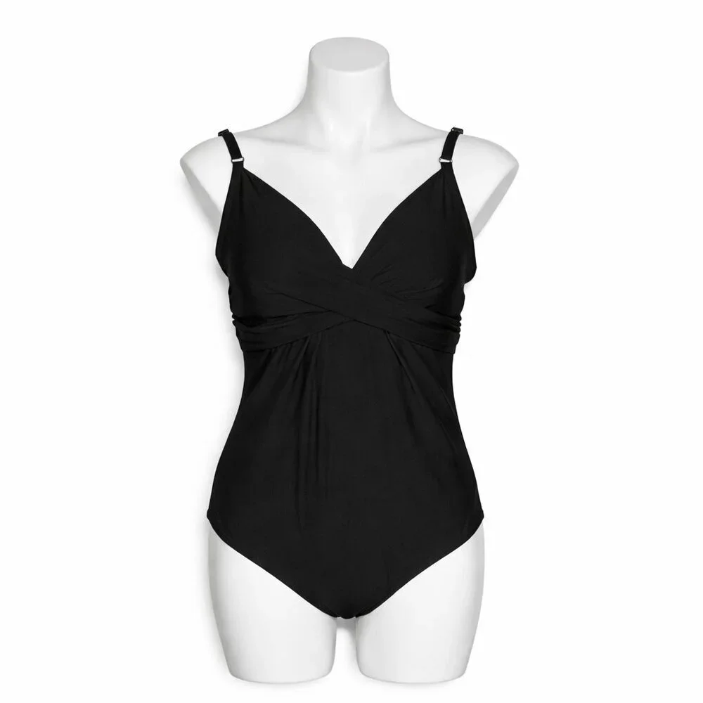 Calvin Klein Black V-Neck Faux Wrap One-Piece Swimsuit | Size 16 Beach Vacation